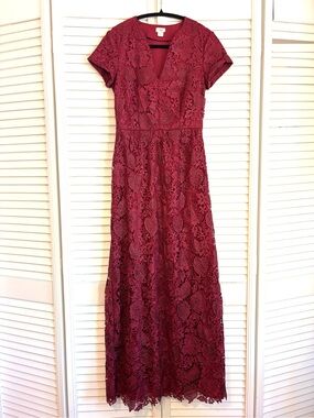 Hoss Intropia Burgundy Lace Floral Formal Evening Maxi Dress Short Sleeve 34 XS